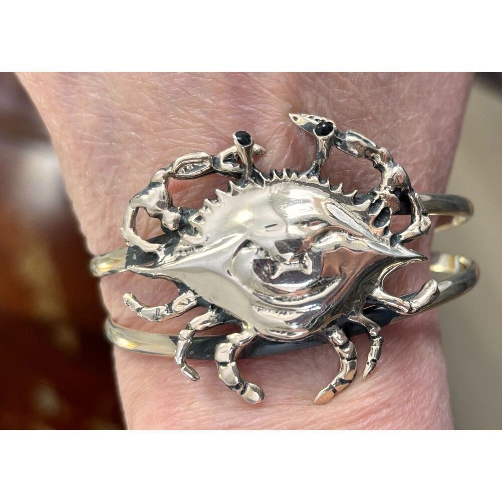 VTG 925 Sterling Silver Blue Crab Split Band Cuff Bracelet Mexico 31 Grams